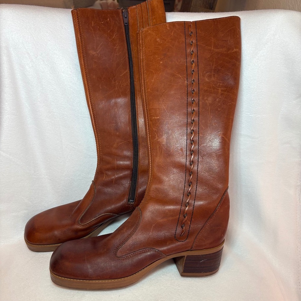Vintage 70s Brown Leather Tall Boots Square Toe Block Heel Braided Size 9M